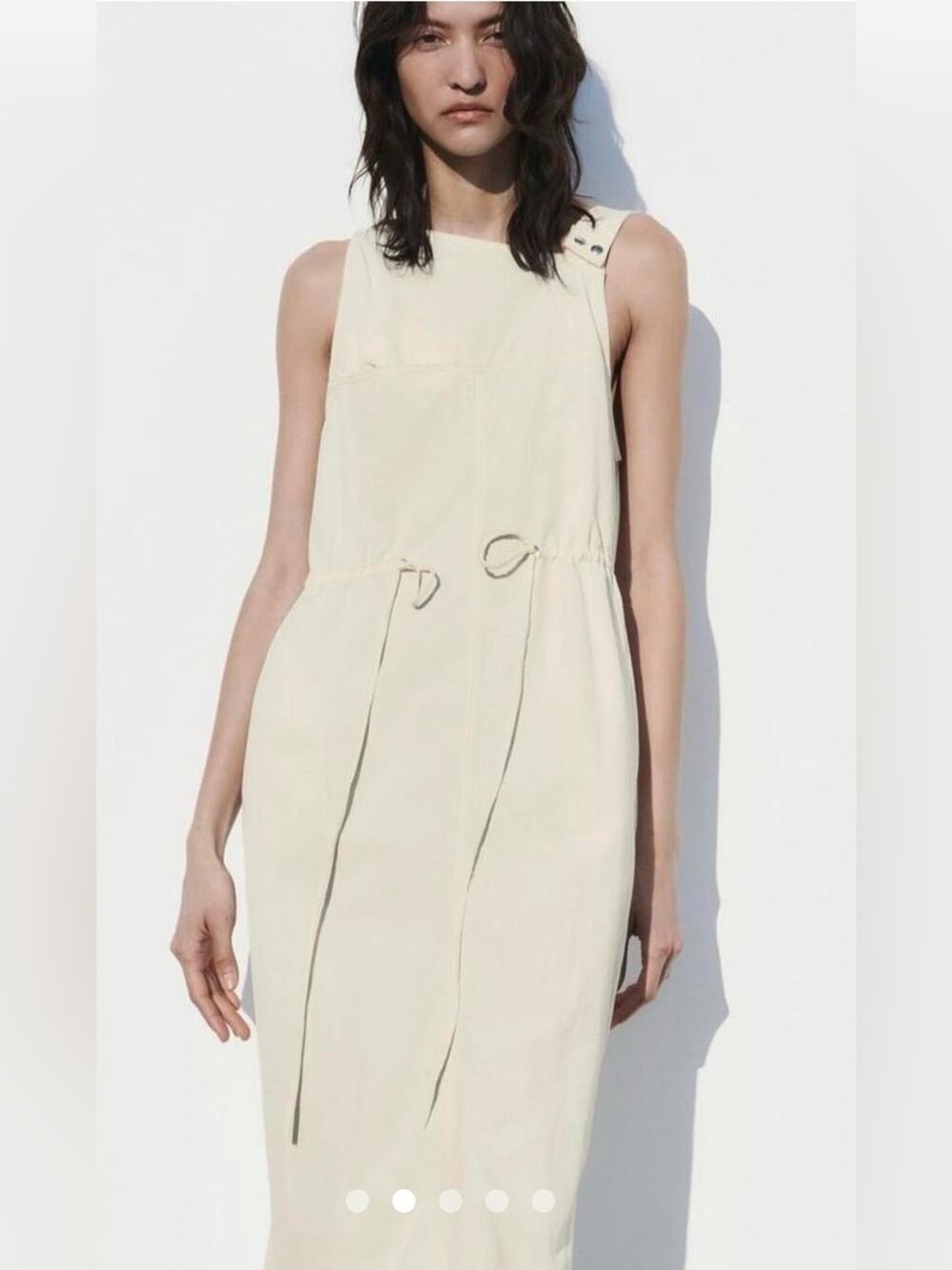 Zara Cream Asymmetrical Nylon Cinch Waist Princess Leia Sleeveless Midi Dress